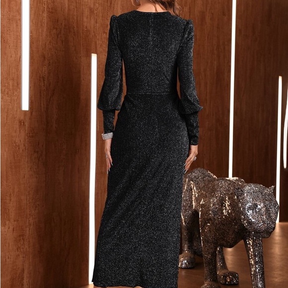 Black Bishop Sleeve Belted Glitter Maxi Dress New w/o Tags - Picture 4 of 5